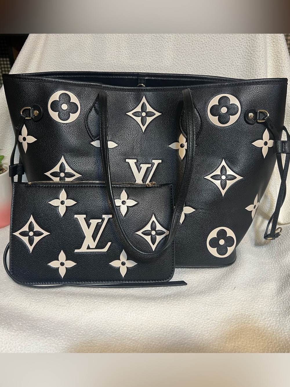 Black Tote with Cream Monogram Accents and Pouch - Picture 2 of 9